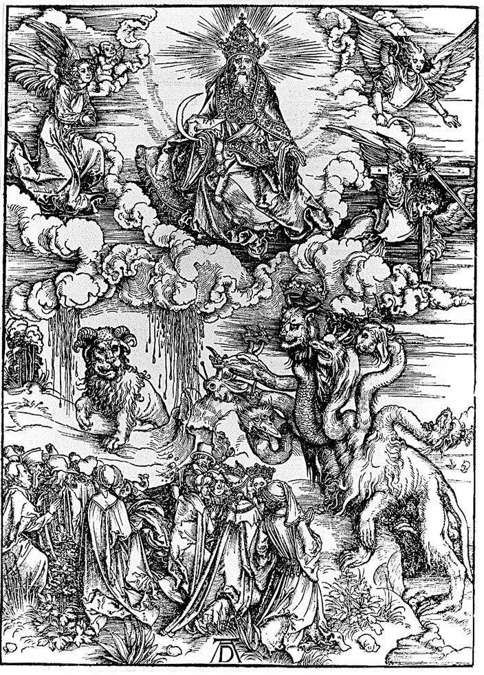The Revelation vision beast from the sea with seven heads and ten horns together with the two-horned beast from the earth - Albrecht Durer