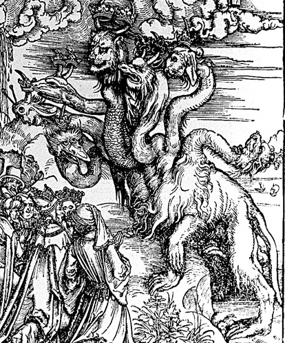 Revelation 13, beast from the sea with seven heads and ten horns - Albrecht Durer